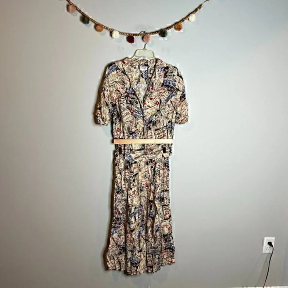 Vintage travel patterned skirt and shirt matching set